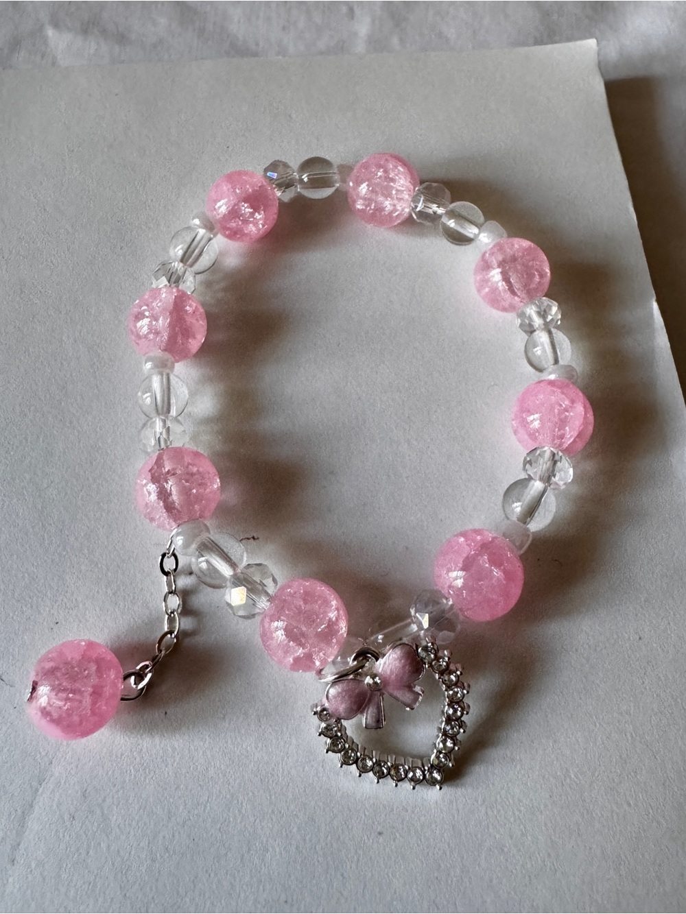Pink Beaded Heart Charm Bracelet with Clear Accents